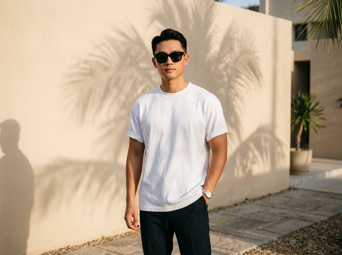 NHM Point model wearing white plain t-shirt